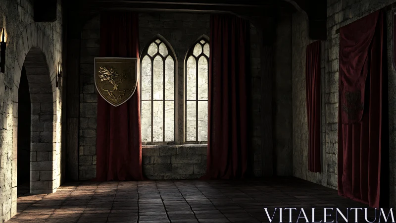 Sunlit medieval hall wrapped in deep crimson drapery.
