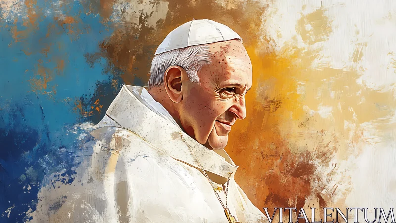 Serene elderly clergyman in white robes against vivid hues