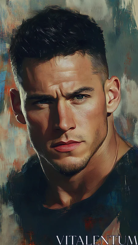 Brooding portrait of a steel-gazed man in brushstroke storms.