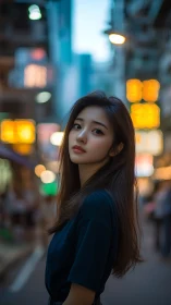 Urban twilight portrait with soft bokeh city lights backdrop.