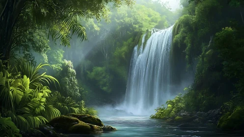 Rainforest waterfall with lush vegetation and misty atmosphere