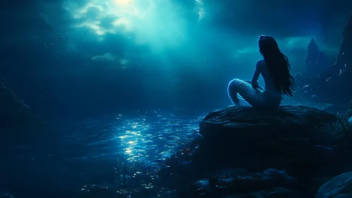 Moonlit mermaid drifts in sapphire tides of silent wonder.