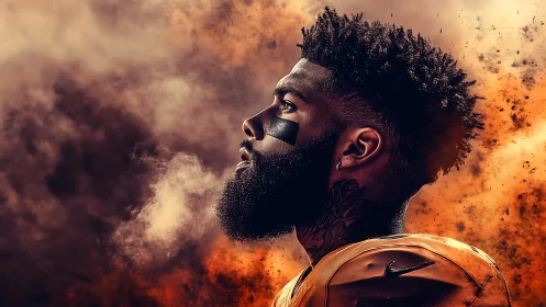 Side-profile gridiron portrait in explosive chromatic plume.