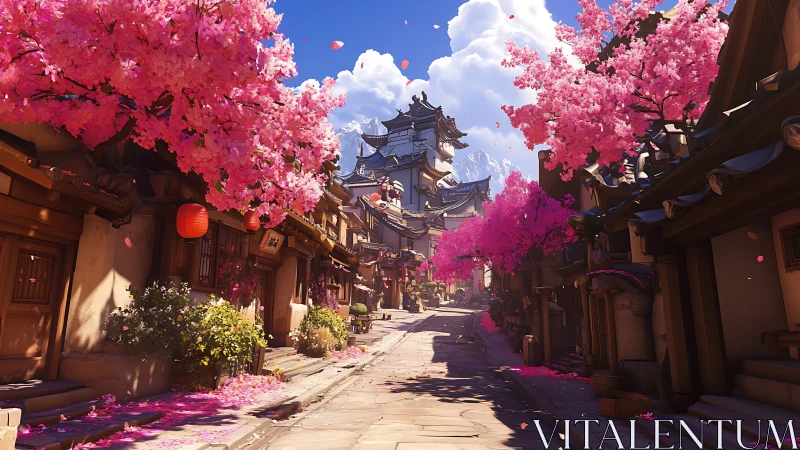 Cherry trees line a traditional Japanese street in bloom