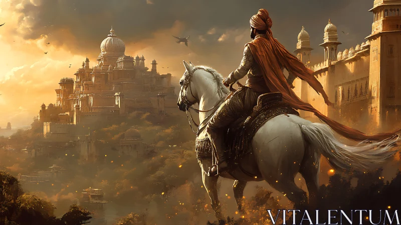 Sunlit rider approaching a golden hilltop palace at dusk.