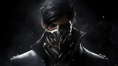 Masked futuristic figure in dark environment, frontal view.