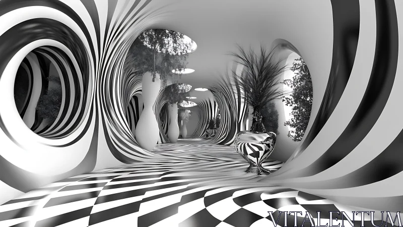Monochrome corridor with warped stripes and sculptural planters.