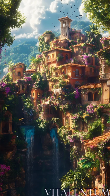 Sunlit cliffside village draped in waterfalls and flowers.