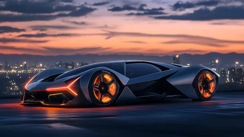 3D hypercar profile with neon edge lighting at dusk skyline.