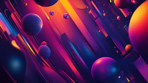 Neon spheres and angular forms in abstract digital space.