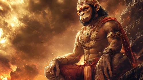 Firelit warrior-deity sits crowned in molten sunset clouds