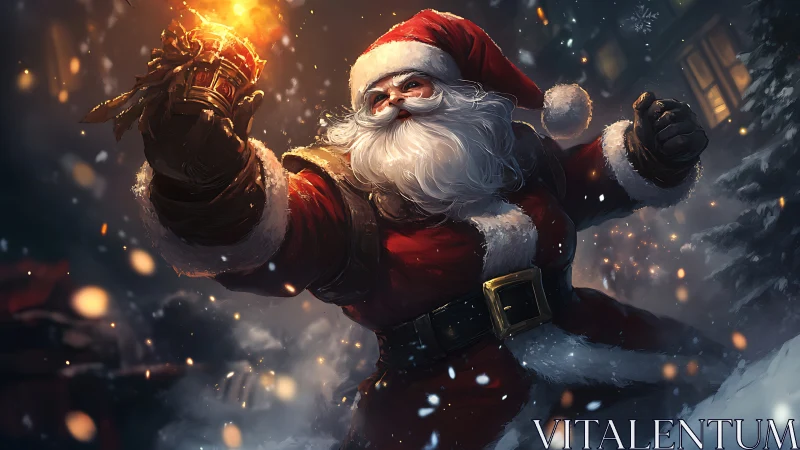 Dynamic warrior Santa clutching fiery gauntlet in snowstorm