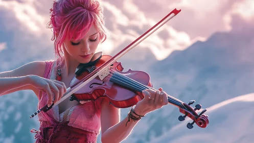 Pink haired violinist weaving music through mountain light.