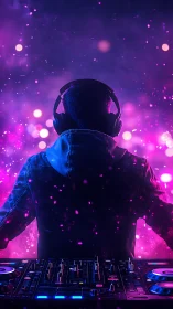 Neon dusk DJ conjuring cosmic beats in violet haze.