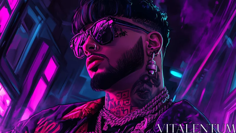 Neon-lit street poet leans into a violet city midnight