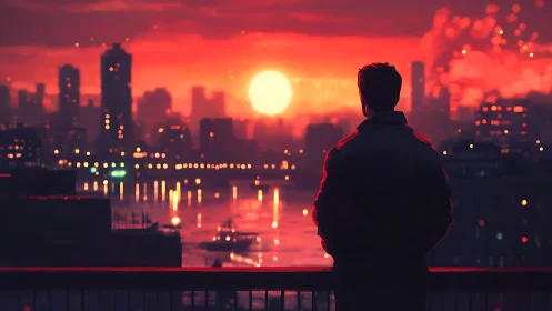 Digital painting skyline study with silhouetted urban figure.