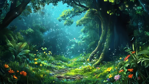 Enchanted forest clearing with luminous canopy and wildflower carpet