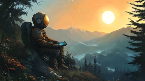 Solitary suited figure observing mountain valley sunset.