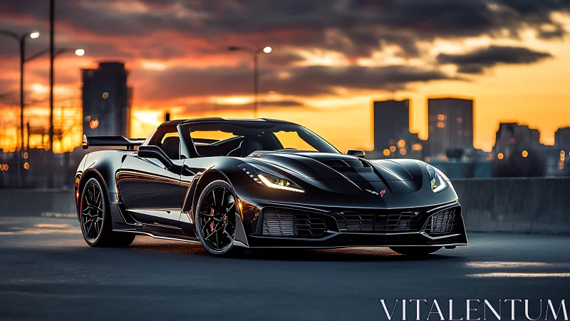 Midnight black supercar glows beneath fiery city sunset.
