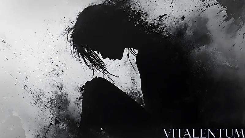 Inkstorm silhouette of sorrow curling inside grayscale quiet.