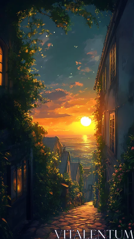 Narrow coastal alley descends toward sunlit ocean horizon