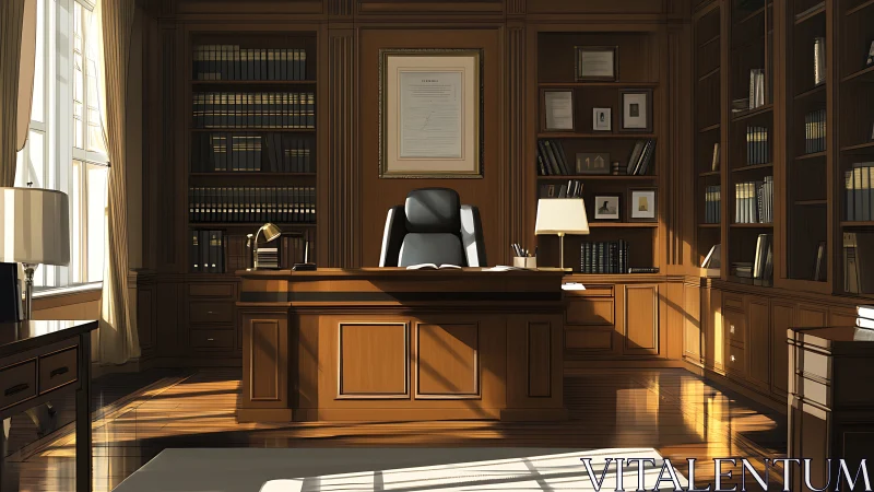 Sunlit executive law office shows polished wooden interior