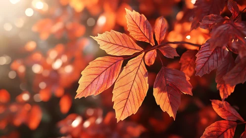 Backlit autumn leaves reveal intricate venation in warm bokeh