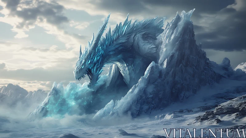 Glittering ice dragon rises watchfully from a frozen mountain