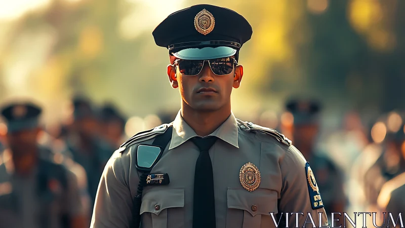 Mirrored shades sharpen a calm officer in golden streetlight