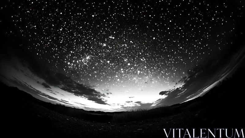 Curved night horizon under dense monochrome starfield.