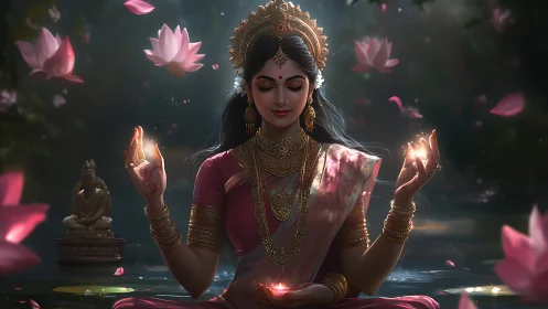 Serene woman in ornate attire meditating amid lotus flowers.