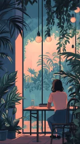 Solitary reader sits in lush indoor garden at dusk