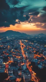 Aerial night cityscape aligns glowing avenue beneath storm clouds