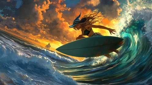 Surfer wearing pointed hat on wave at vivid sunset seascape.