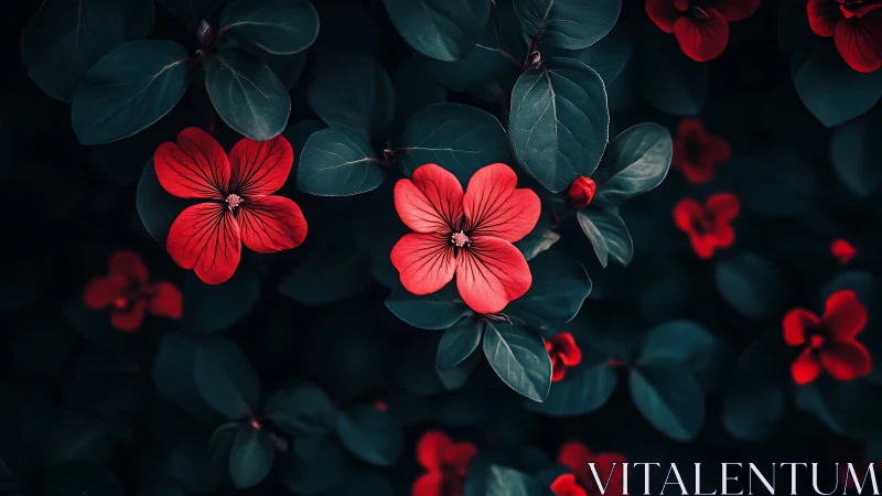 Red Geranium Blossoms Against Deep Teal Foliage.