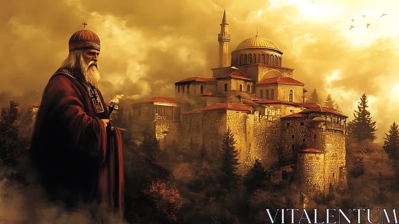 Amber cloaked patriarch guarding a mist veiled hilltop citadel.