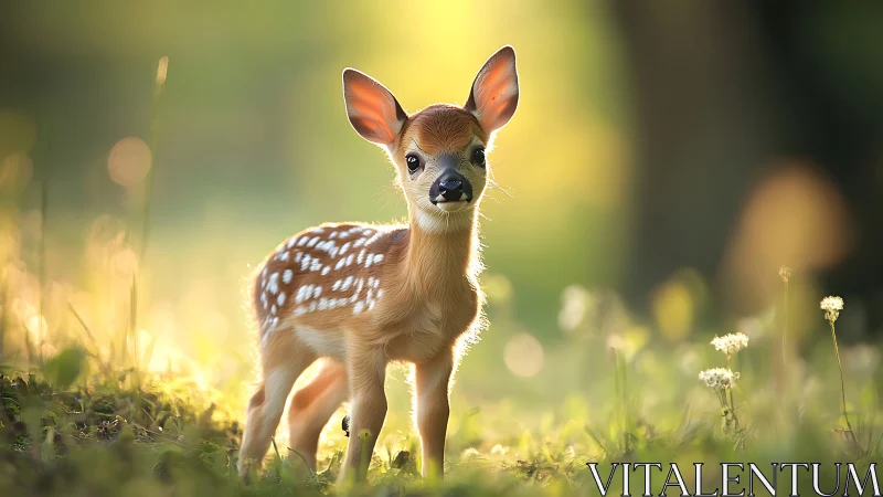 Gentle fawn stands in golden meadow light and glows softly