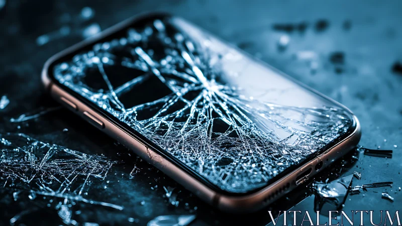 Fractured smartphone glass with high-impact radial crack topology.