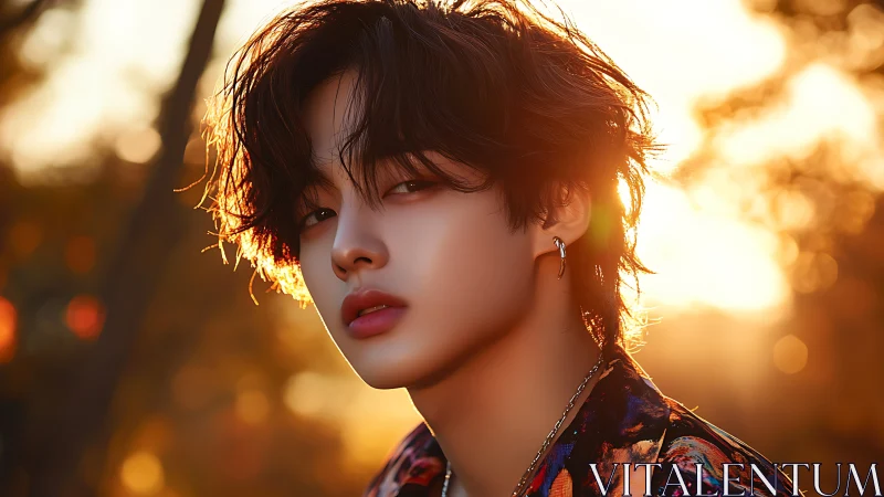 Softly backlit portrait of androgynous youth at golden hour