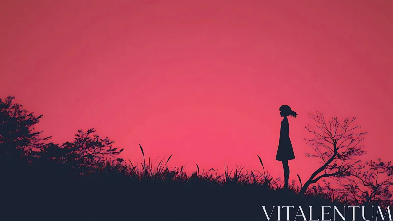 Soft twilight sky cradles a quiet girl on a lonely hill