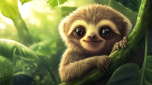 Wide-eyed baby sloth on jungle branch in warm rim light.