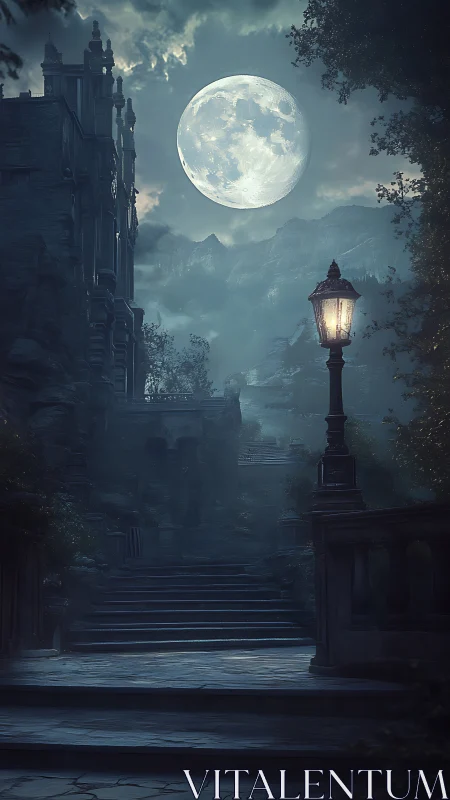 Gothic stone staircase under oversized full moon and gas lamp