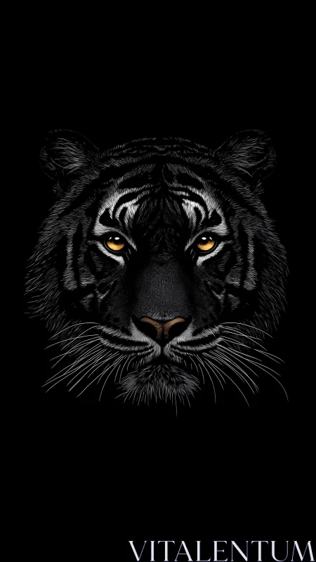 Front-facing black tiger portrait on solid black background.