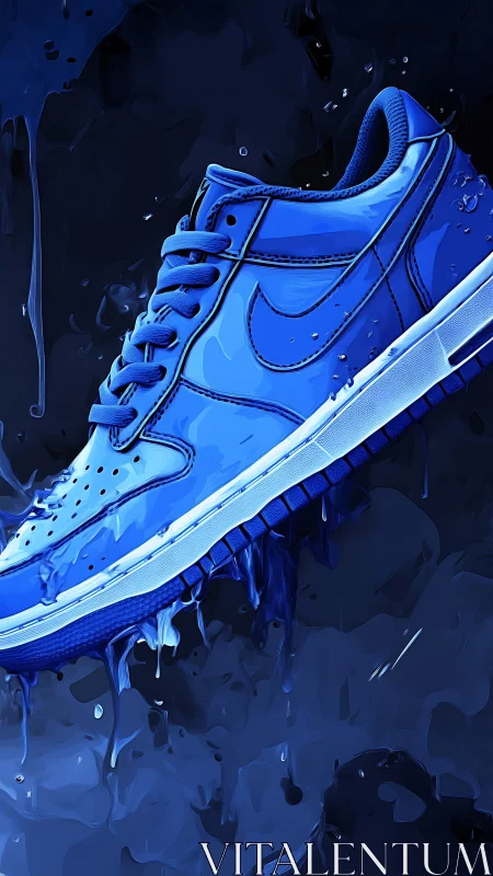 Electric blue sneaker drips through a fluid abstract void.