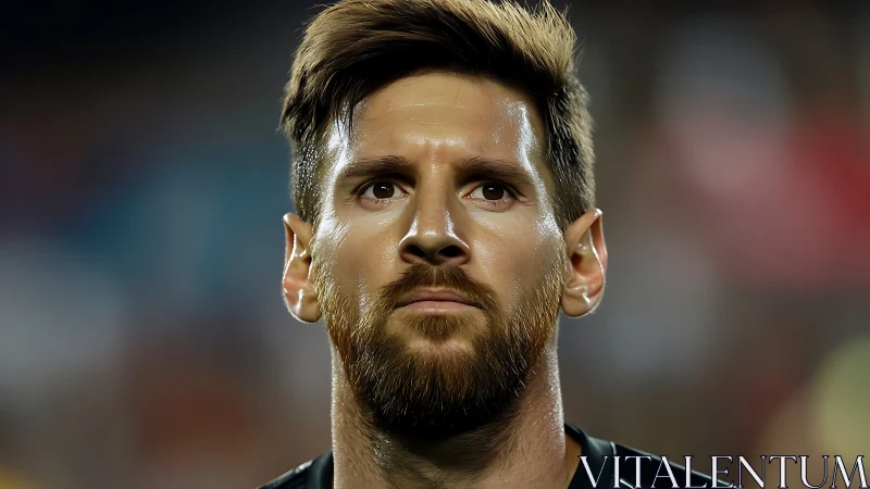 Stadium lights carve a stoic footballer’s focused gaze.