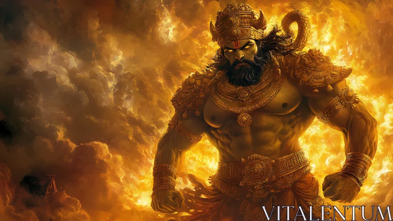 Fiery warrior demigod emerges from swirling golden flames.