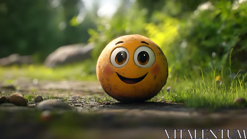 Smiling emoji ball resting on sunlit forest pathway.