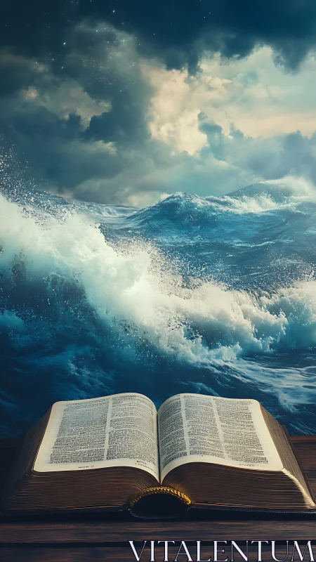 Open bible rests before stormy ocean under dramatic sky