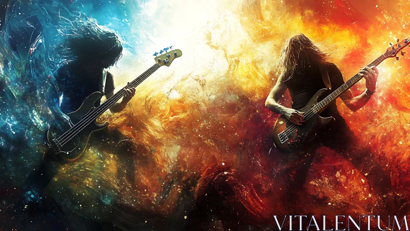 Blazing cosmic guitarists jamming in swirling fire and ice.