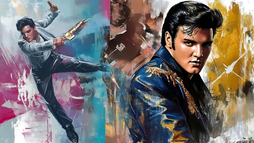 Dynamic rock icon portraits burst across abstract color fields